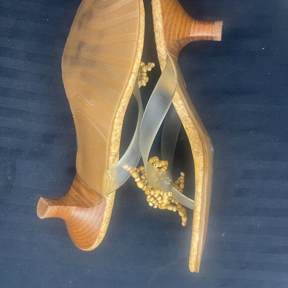 Matisse Y2K Kitten Heel Nude Boho Wood Beaded Cork Flip Flop Thong Sandal Size 7 - Picture 3 of 5